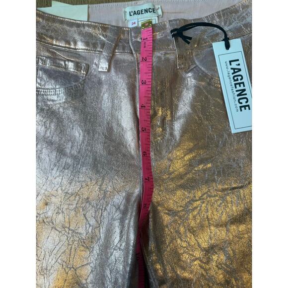 L’AGENCE Margot High Rise Skinny METALLIC PETAL ROSE GOLD SZ 24 NWT $245 retail - Picture 6 of 11